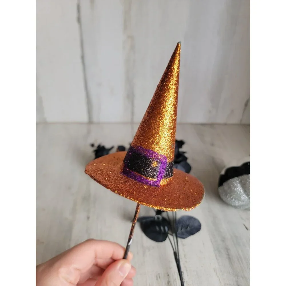 Halloween‎ flower pick witch hat flower Pumpkin set glitter